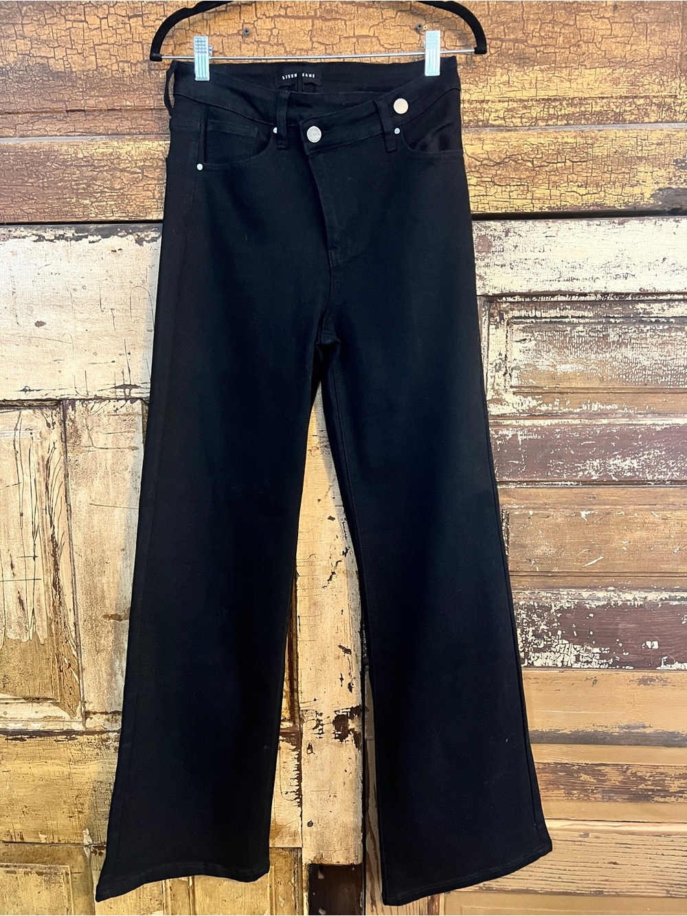 Risen Black Crossover Waist Wide Leg Jeans | High Rise Stretch Denim | Size 28